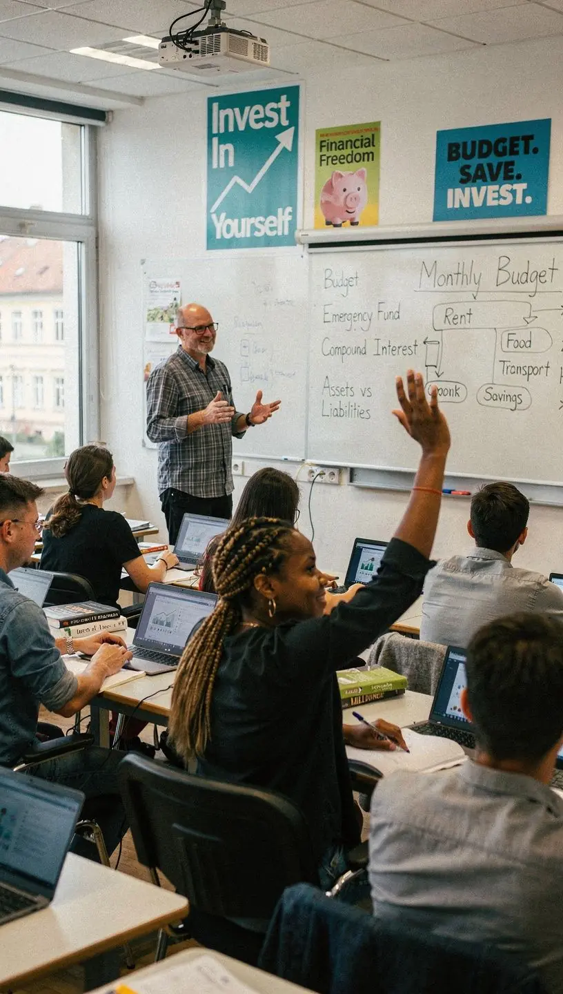 Pénzügyi tervező könyv nyitva egy asztalon, strukturált tanuláshoz