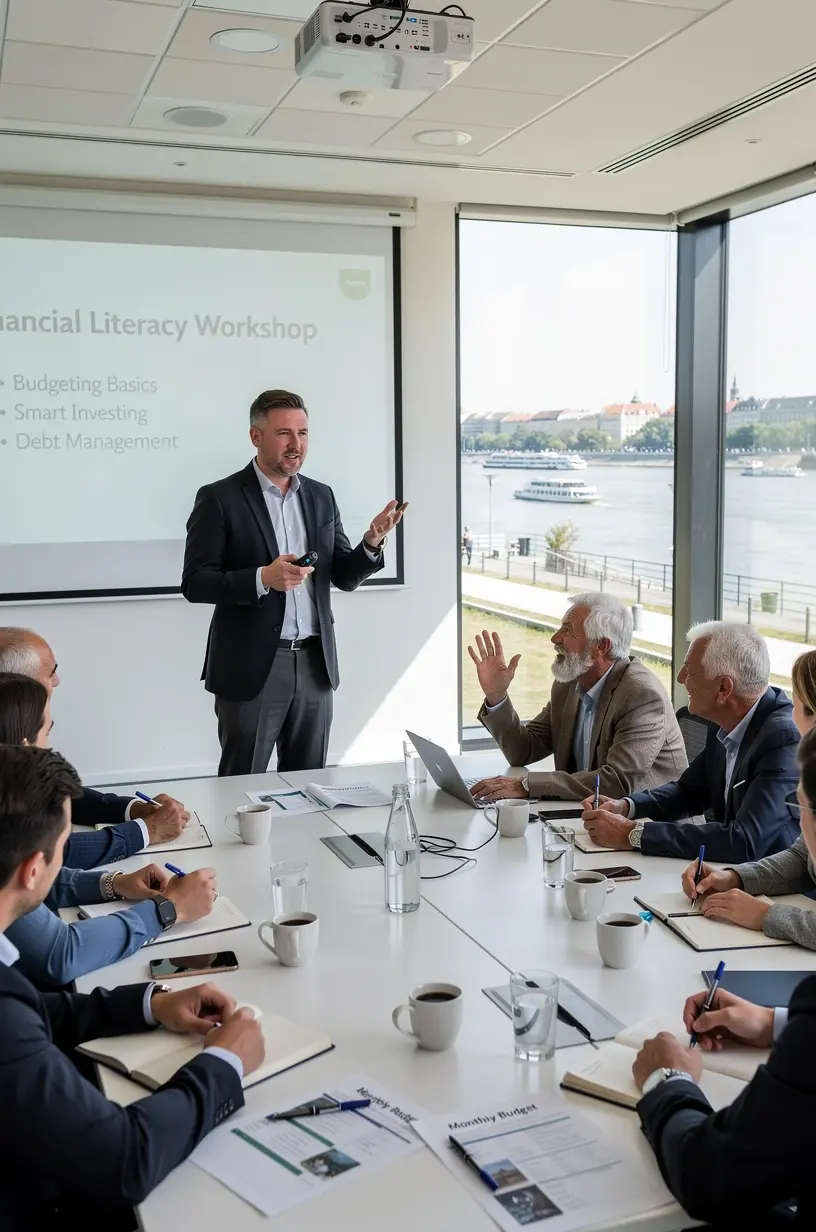 Résztvevők aktívan hallgatják és jegyzetelik a személyes pénzügyekről szóló előadást